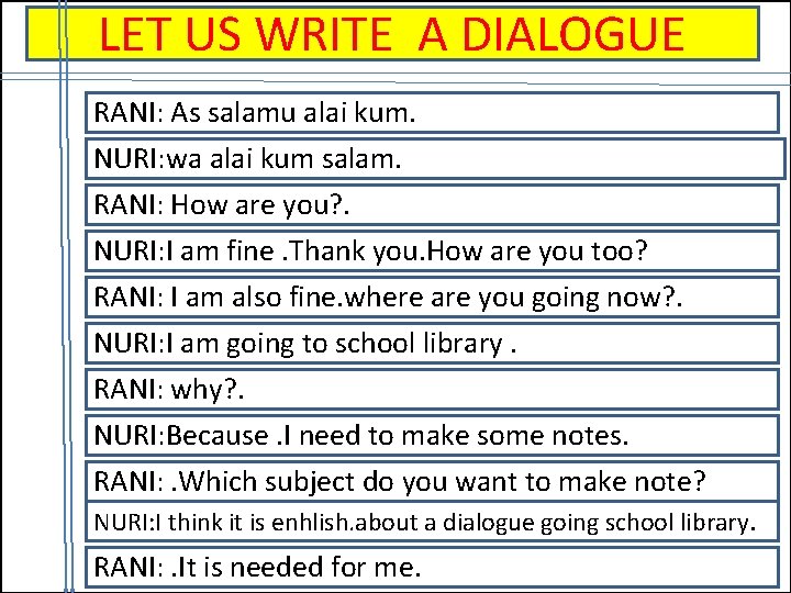 LET US WRITE A DIALOGUE RANI: As salamu alai kum. NURI: wa alai kum