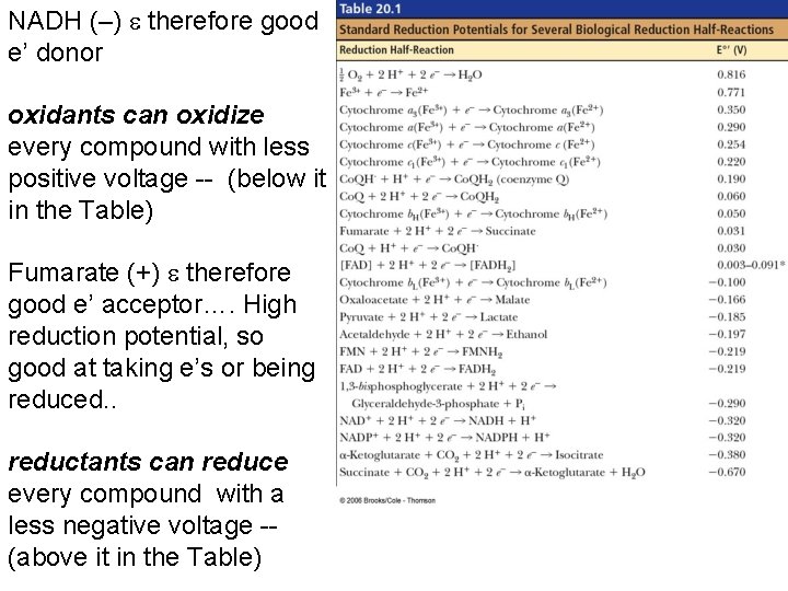 NADH (–) e therefore good e’ donor oxidants can oxidize every compound with less