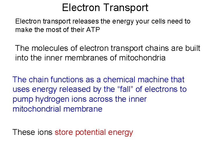 Electron Transport Electron transport releases the energy your cells need to make the most