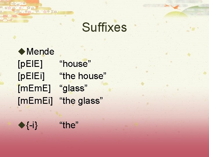 Suffixes u. Mende [p. El. E] [p. El. Ei] [m. Em. Ei] “house” “the