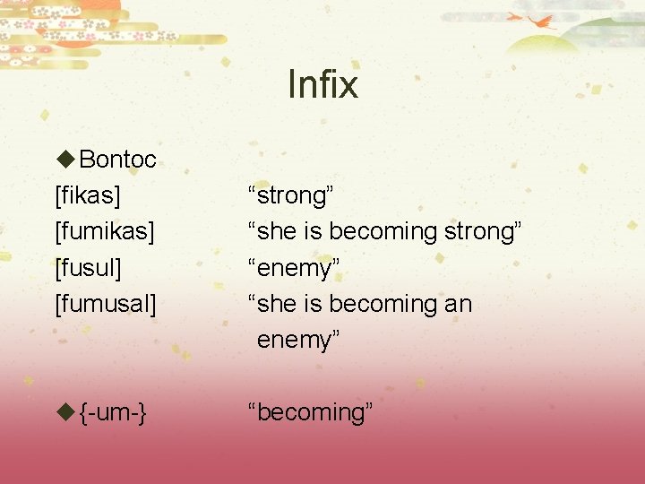 Infix u Bontoc [fikas] [fumikas] [fusul] [fumusal] “strong” “she is becoming strong” “enemy” “she