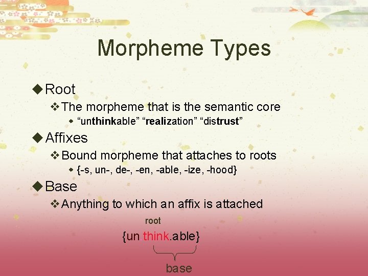 Morpheme Types u Root v. The morpheme that is the semantic core w “unthinkable” Morpheme Types u Root v. The morpheme that is the semantic core w “unthinkable”