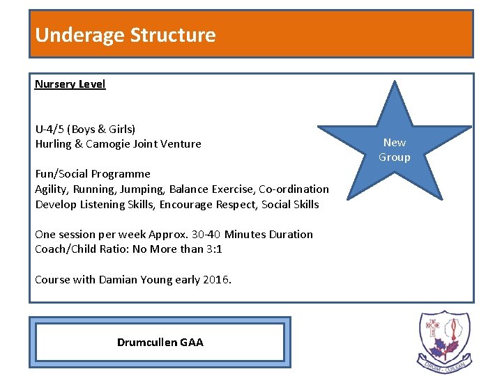 Underage Structure Nursery Level U-4/5 (Boys & Girls) Hurling & Camogie Joint Venture Fun/Social Underage Structure Nursery Level U-4/5 (Boys & Girls) Hurling & Camogie Joint Venture Fun/Social