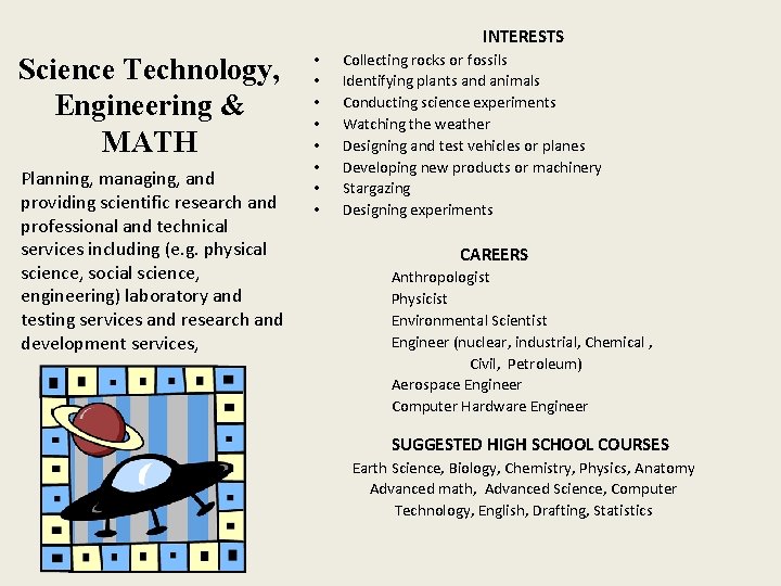 INTERESTS Science Technology, Engineering & MATH Planning, managing, and providing scientific research and professional