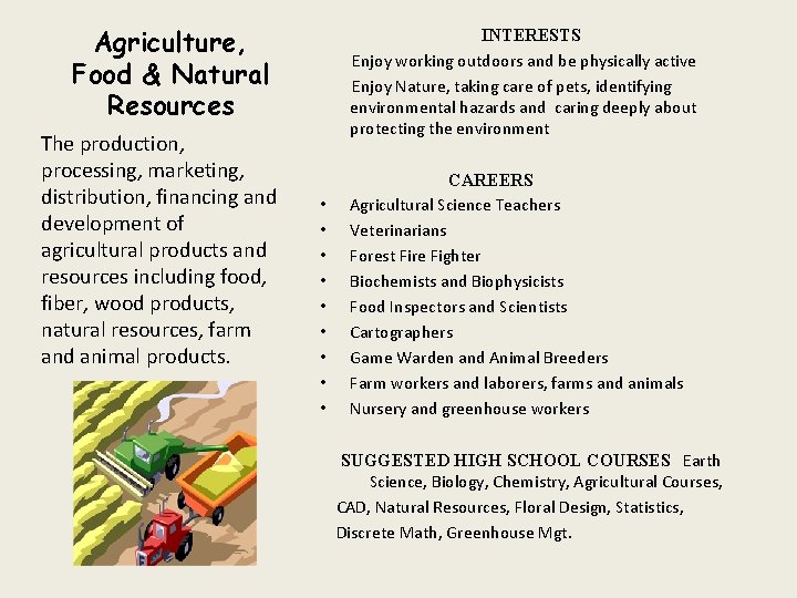 Agriculture, Food & Natural Resources The production, processing, marketing, distribution, financing and development of