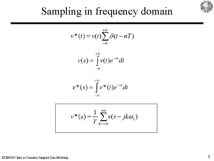 Sampling in frequency domain ECEN 5807 Intro to Converter Sampled-Data Modeling 8 