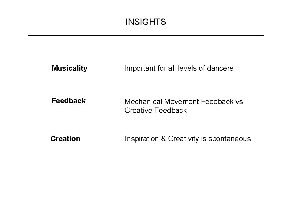 INSIGHTS Musicality Important for all levels of dancers Feedback Mechanical Movement Feedback vs Creative