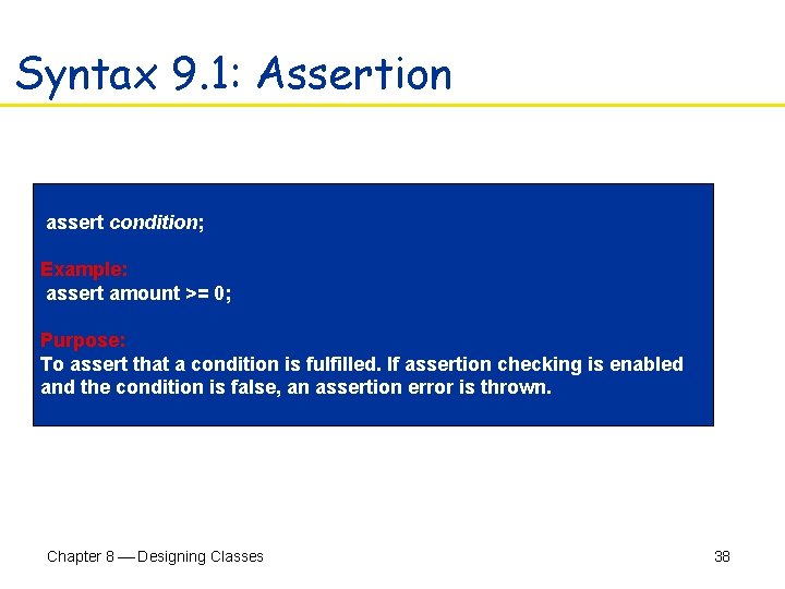 Syntax 9. 1: Assertion assert condition; Example: assert amount >= 0; Purpose: To assert