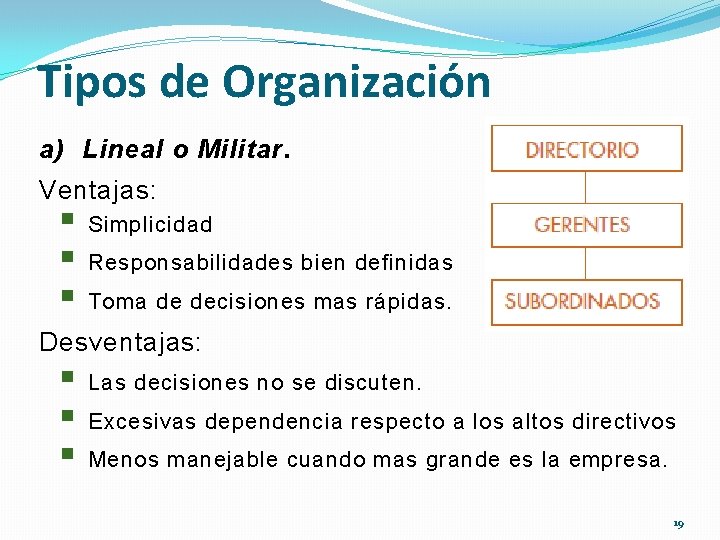 Tipos de Organización a) Lineal o Militar. Ventajas: § § § Simplicidad Responsabilidades bien