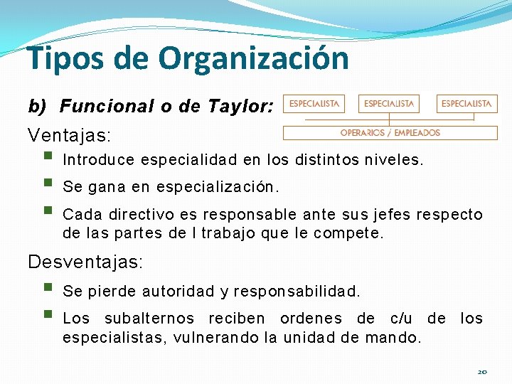 Tipos de Organización b) Funcional o de Taylor: Ventajas: § § § Introduce especialidad