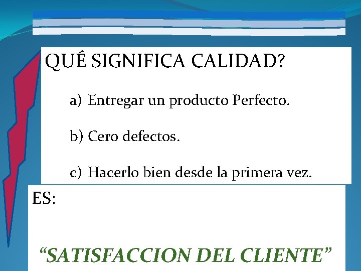 QUÉ SIGNIFICA CALIDAD? a) Entregar un producto Perfecto. b) Cero defectos. c) Hacerlo bien