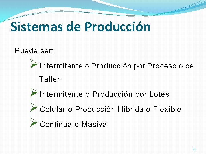 Sistemas de Producción Puede ser: ØIntermitente o Producción por Proceso o de Taller ØIntermitente