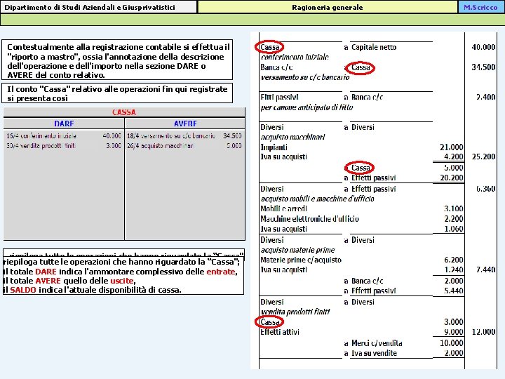 Dipartimento di Studi Aziendali e Giusprivatistici Contestualmente alla registrazione contabile si effettua il "riporto