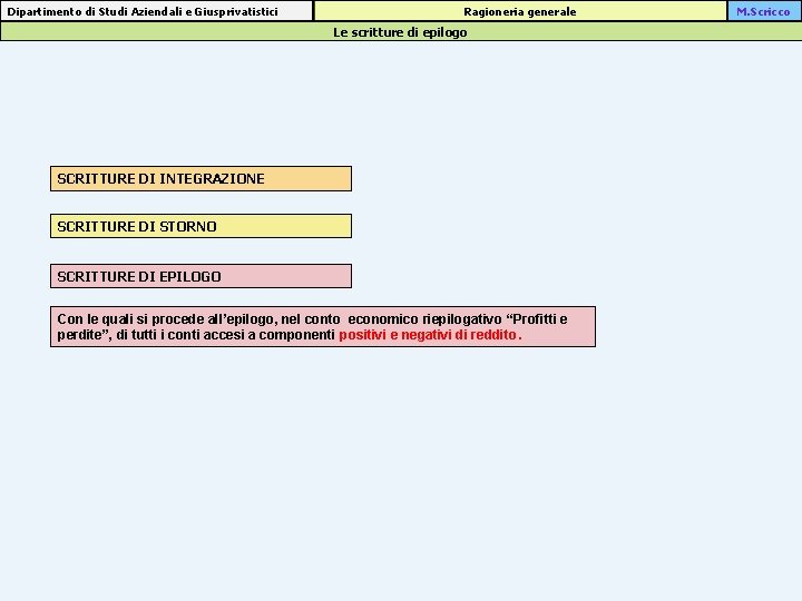 Dipartimento di Studi Aziendali e Giusprivatistici Ragioneria generale Le scritture di epilogo SCRITTURE DI