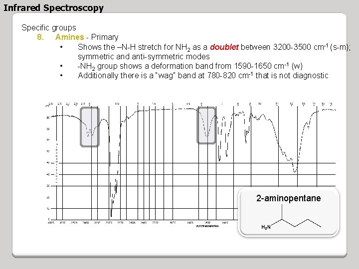 Infrared Spectroscopy Specific groups 8. Amines - Primary • Shows the –N-H stretch for