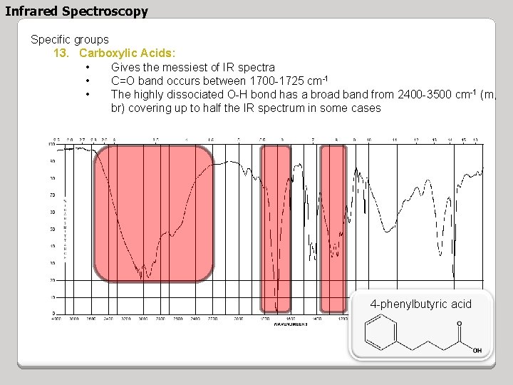 Infrared Spectroscopy Specific groups 13. Carboxylic Acids: • Gives the messiest of IR spectra