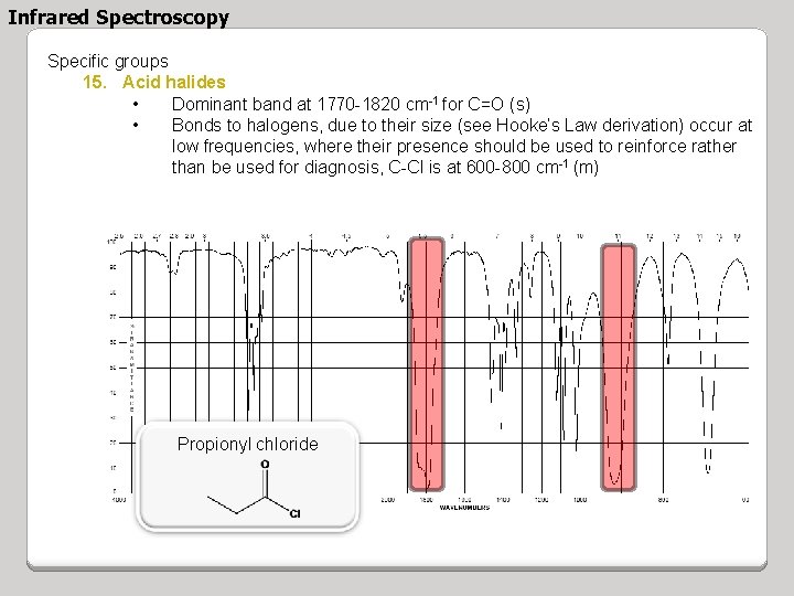 Infrared Spectroscopy Specific groups 15. Acid halides • Dominant band at 1770 -1820 cm-1