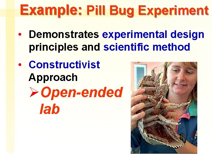 Example: Pill Bug Experiment • Demonstrates experimental design principles and scientific method • Constructivist