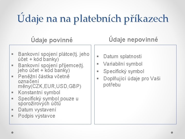 Údaje na na platebních příkazech Údaje nepovinné Údaje povinné § Bankovní spojení plátce(tj. jeho Údaje na na platebních příkazech Údaje nepovinné Údaje povinné § Bankovní spojení plátce(tj. jeho