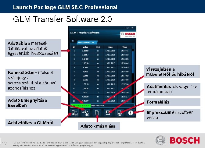 Launch Package GLM 50 C Professional GLM Transfer Software 2. 0 Adattábla a mérések