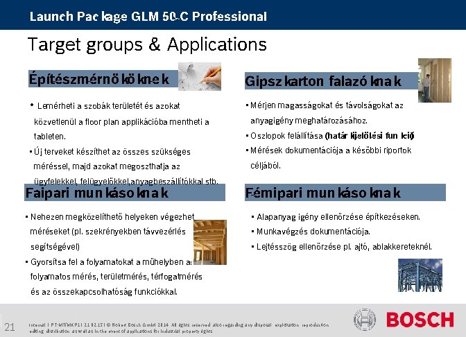 Launch Package GLM 50 C Professional Target groups & Applications Építészmérnököknek Gipszkarton falazóknak •