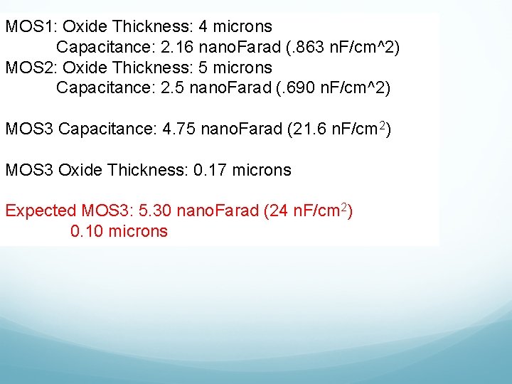 MOS 1: Oxide Thickness: 4 microns Capacitance: 2. 16 nano. Farad (. 863 n.