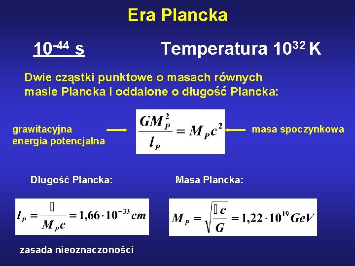 Era Plancka 10 -44 s Temperatura 1032 K Dwie cząstki punktowe o masach równych
