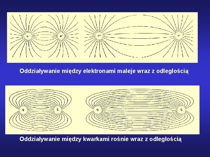Oddziaływanie między elektronami maleje wraz z odległością Oddziaływanie między kwarkami rośnie wraz z odległością