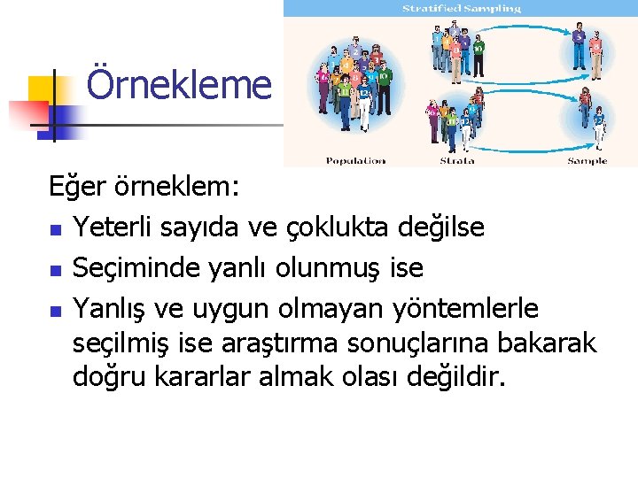 Örnekleme Eğer örneklem: n Yeterli sayıda ve çoklukta değilse n Seçiminde yanlı olunmuş ise