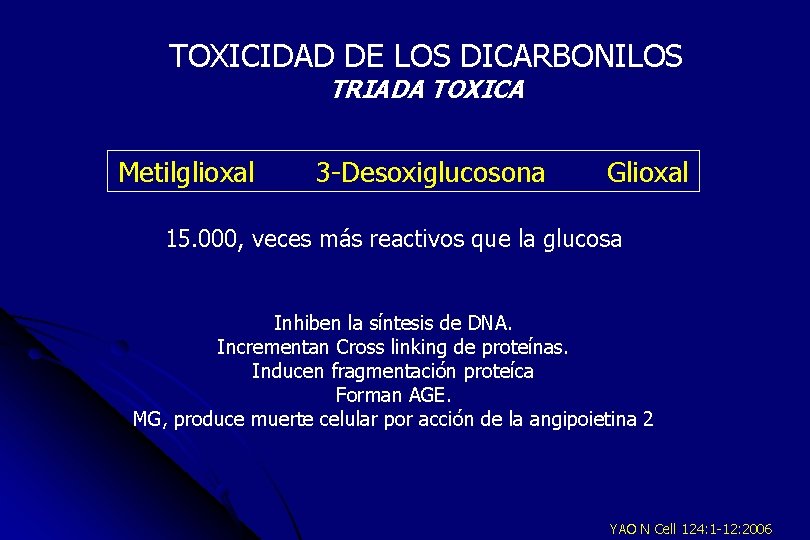 TOXICIDAD DE LOS DICARBONILOS TRIADA TOXICA Metilglioxal 3 -Desoxiglucosona Glioxal 15. 000, veces más
