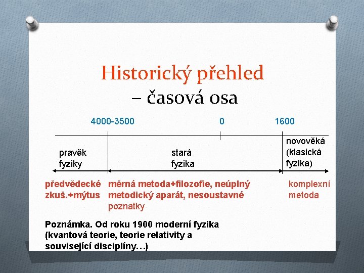 Historický přehled – časová osa 4000 -3500 pravěk fyziky 0 stará fyzika předvědecké měrná