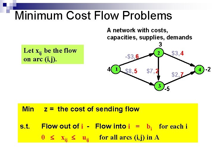 Minimum Cost Flow Problems A network with costs, capacities, supplies, demands 3 Let xij Minimum Cost Flow Problems A network with costs, capacities, supplies, demands 3 Let xij