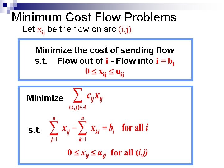 Minimum Cost Flow Problems Let xij be the flow on arc (i, j). Minimize Minimum Cost Flow Problems Let xij be the flow on arc (i, j). Minimize