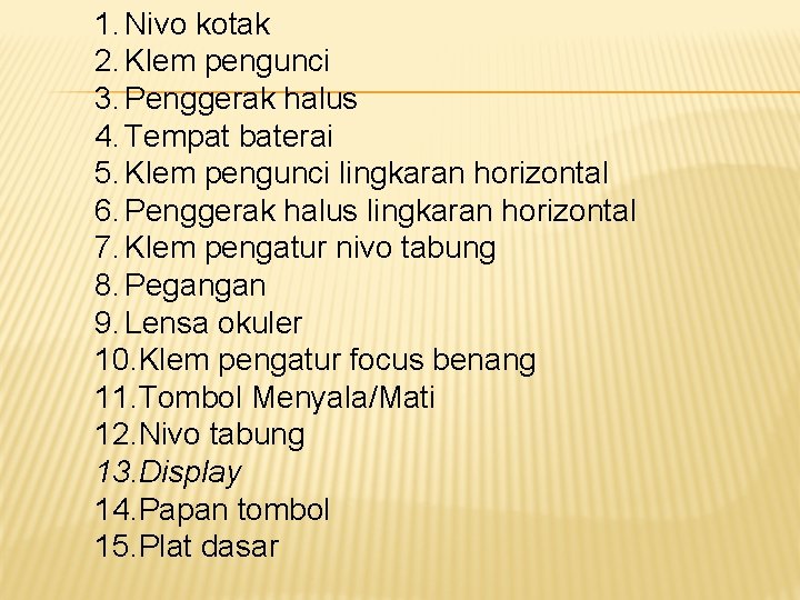 1. Nivo kotak 2. Klem pengunci 3. Penggerak halus 4. Tempat baterai 5. Klem