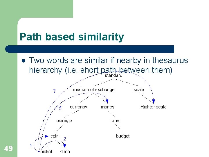 Path based similarity l 49 Two words are similar if nearby in thesaurus hierarchy