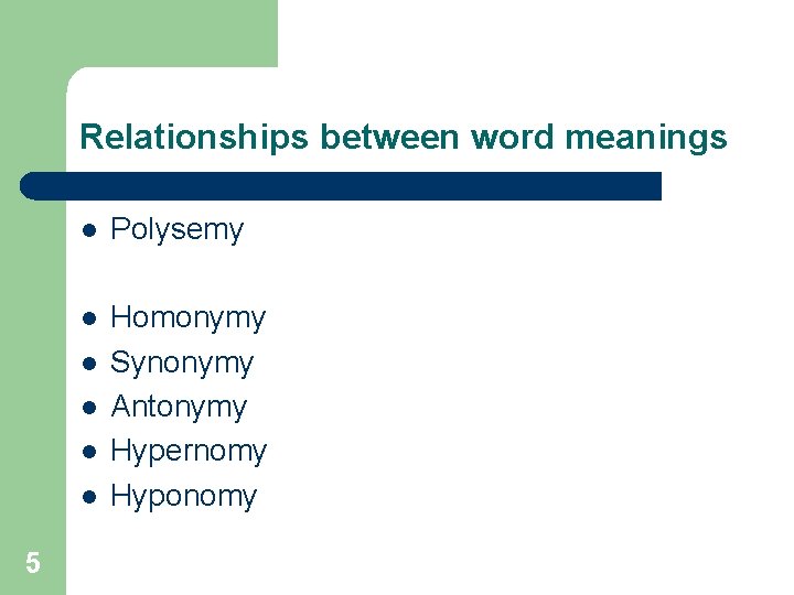 Relationships between word meanings l Polysemy l Homonymy Synonymy Antonymy Hypernomy Hyponomy l l
