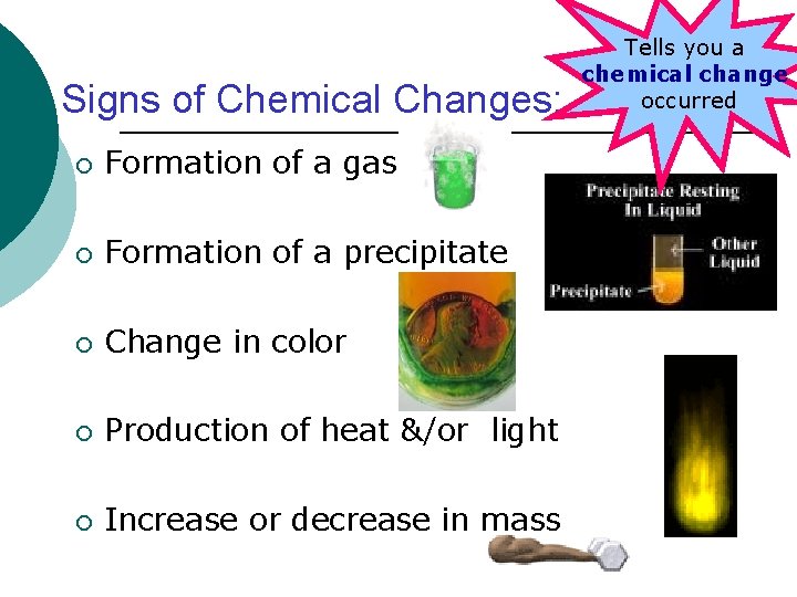 Signs of Chemical Changes: ¡ Formation of a gas ¡ Formation of a precipitate