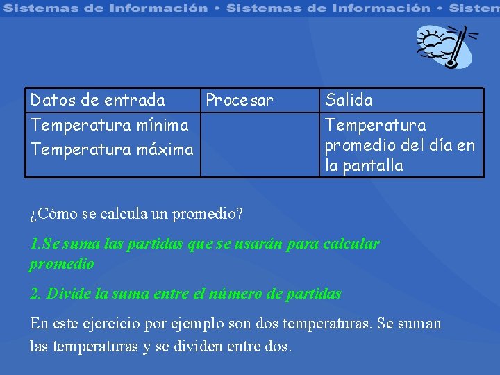 Datos de entrada Procesar Temperatura mínima Temperatura máxima Salida Temperatura promedio del día en