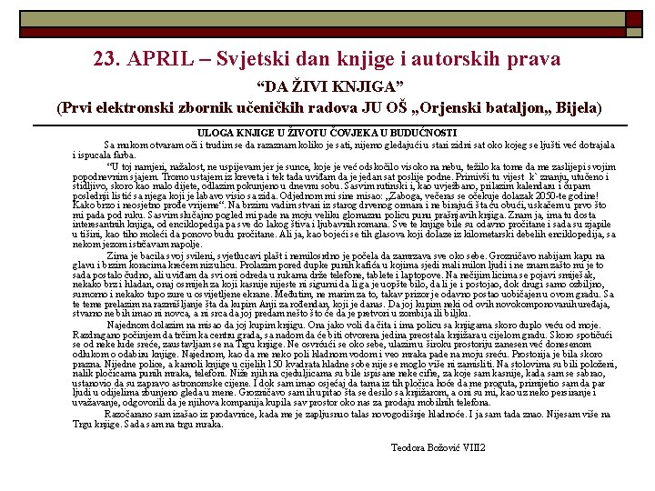 23. APRIL – Svjetski dan knjige i autorskih prava “DA ŽIVI KNJIGA” (Prvi elektronski