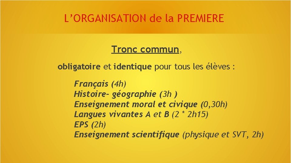 L’ORGANISATION de la PREMIERE Tronc commun, obligatoire et identique pour tous les élèves :