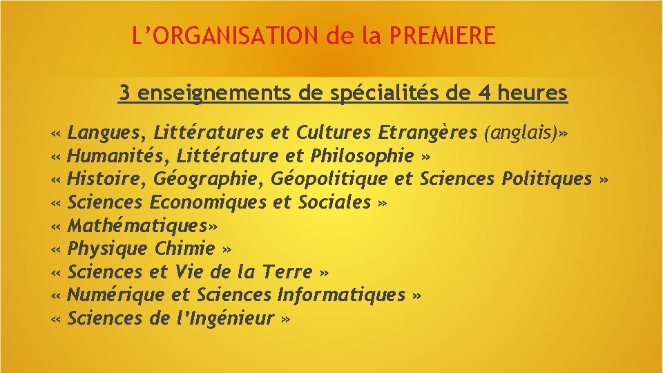 L’ORGANISATION de la PREMIERE 3 enseignements de spécialités de 4 heures « Langues, Littératures