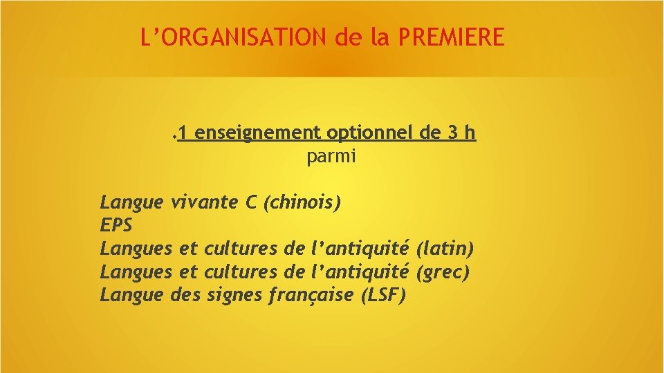 L’ORGANISATION de la PREMIERE 1 enseignement optionnel de 3 h parmi Langue vivante C