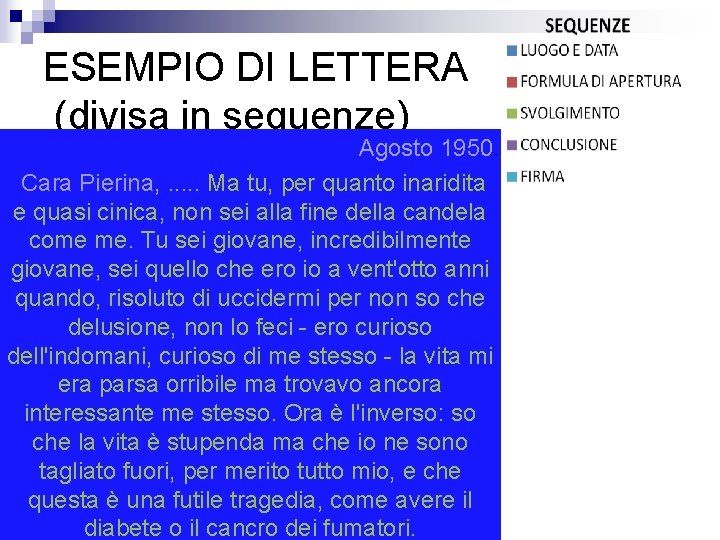 ESEMPIO DI LETTERA (divisa in sequenze) Agosto 1950. Cara Pierina, . . . Ma