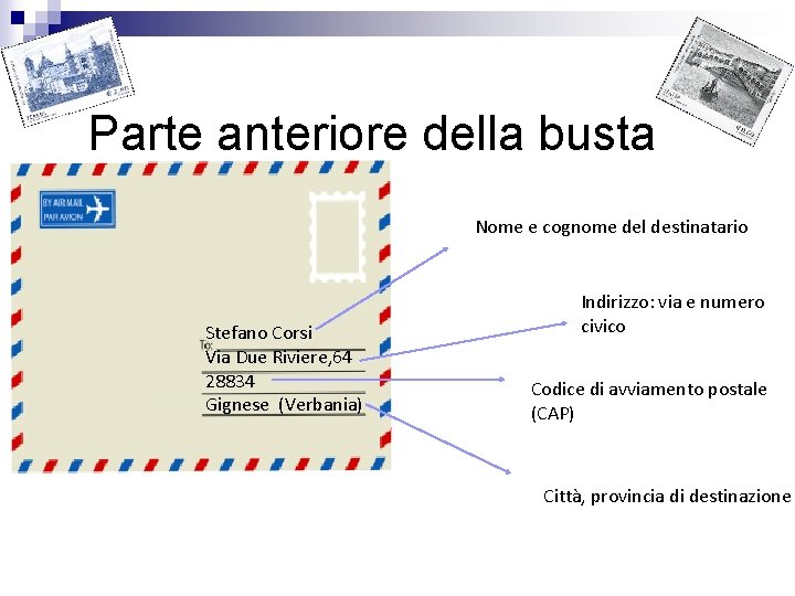 Parte anteriore della busta Nome e cognome del destinatario Stefano Corsi Via Due Riviere,