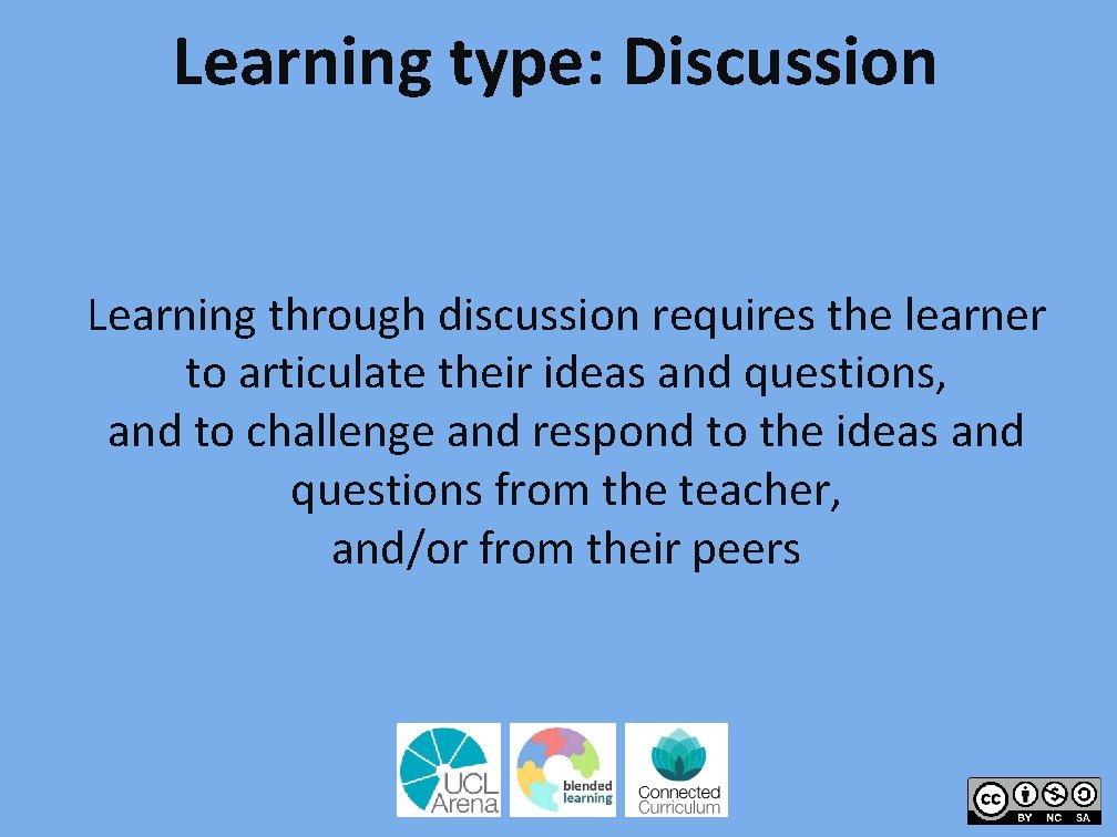 Learning type: Discussion Learning through discussion requires the learner to articulate their ideas and