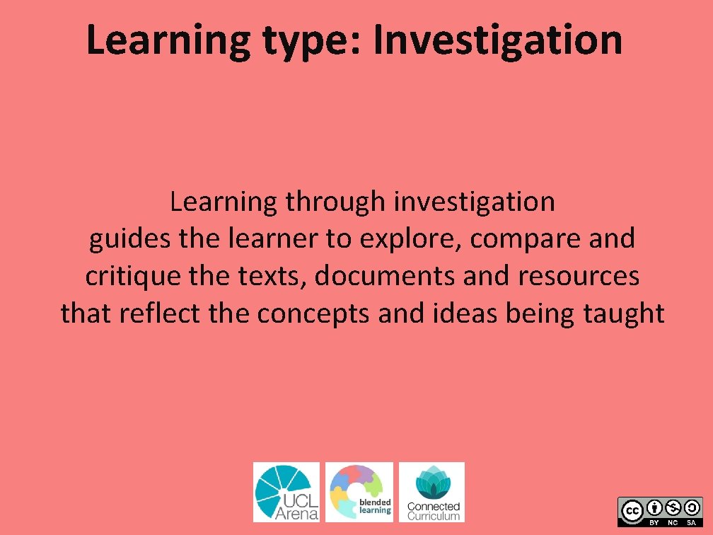 Learning type: Investigation Learning through investigation guides the learner to explore, compare and critique