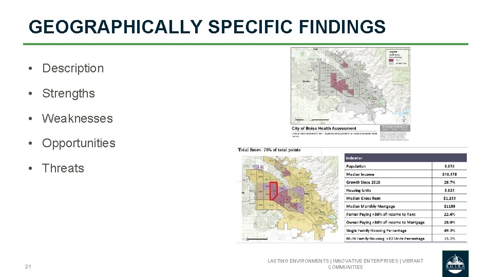 GEOGRAPHICALLY SPECIFIC FINDINGS • Description • Strengths • Weaknesses • Opportunities • Threats 21