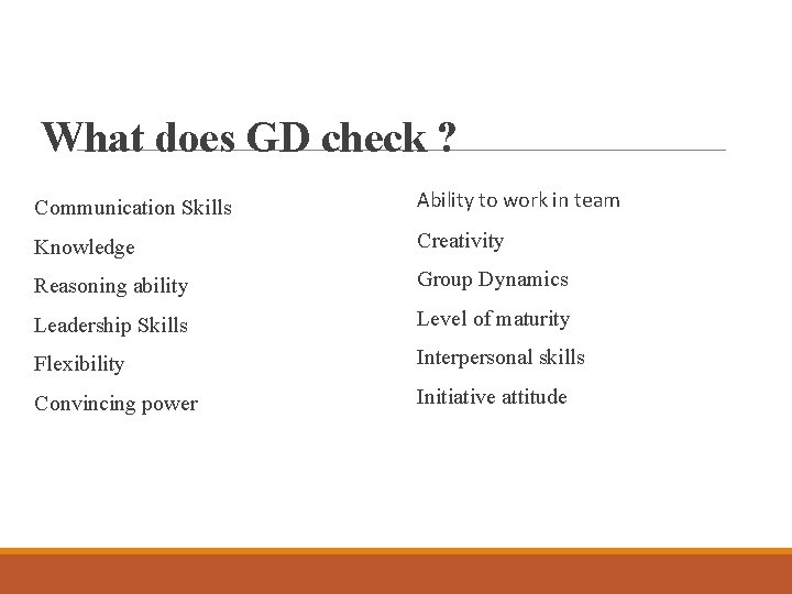 What does GD check ? Communication Skills Ability to work in team Knowledge Creativity