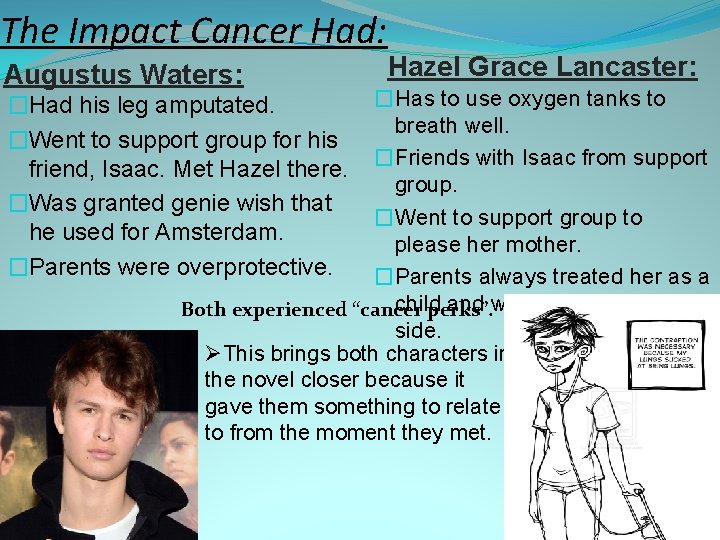 The Impact Cancer Had: Augustus Waters: Hazel Grace Lancaster: �Has to use oxygen tanks