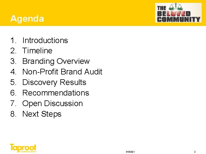 Agenda 1. 2. 3. 4. 5. 6. 7. 8. Introductions Timeline Branding Overview Non-Profit